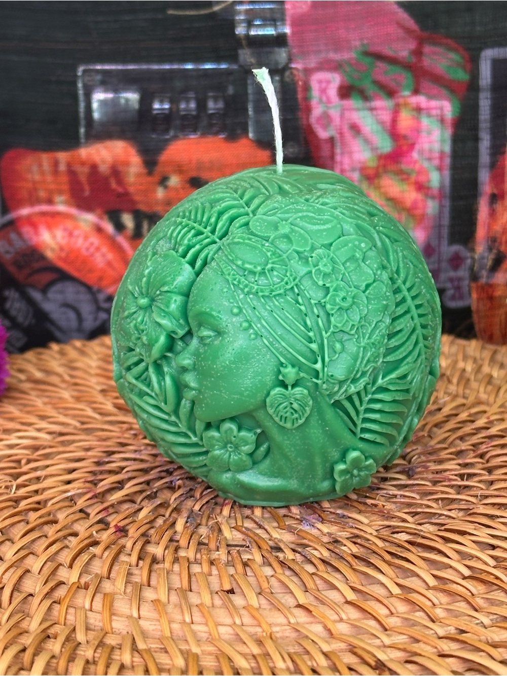 Handmade Green Tropical Woman Candle – Botanical Portrait Pillar